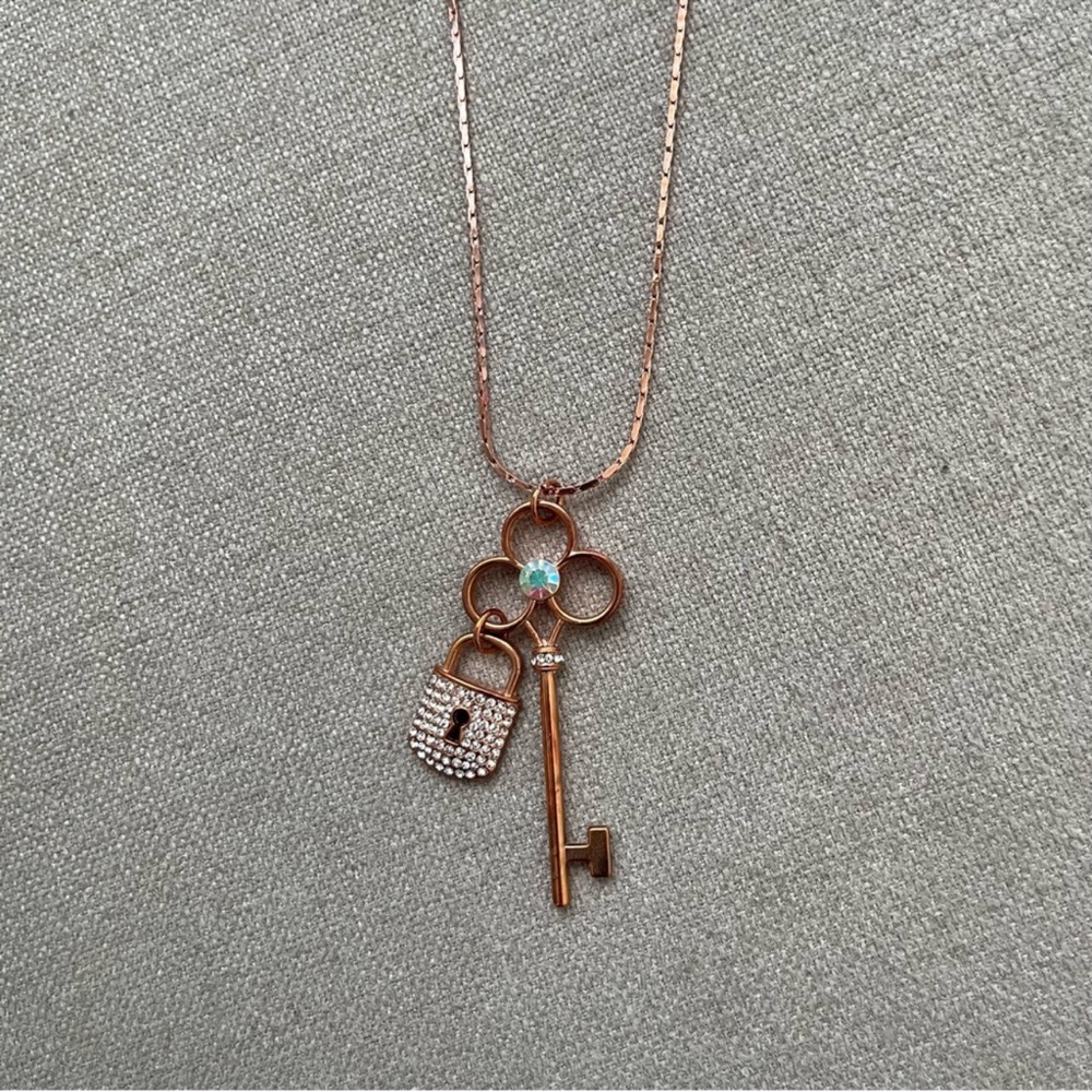 Lock & Key Rose Gold Tone Necklace With Crystal Accents